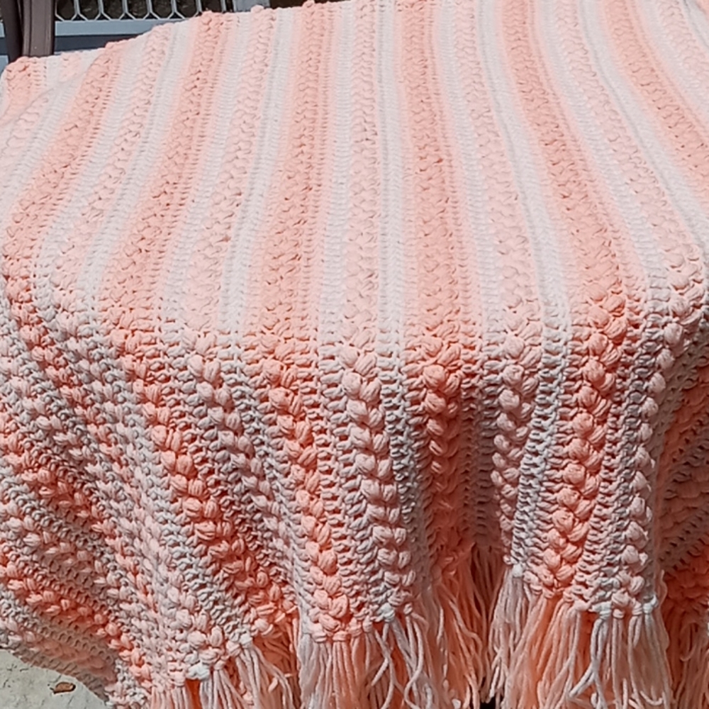 Afghan, twin size,home knit,white with peach,
